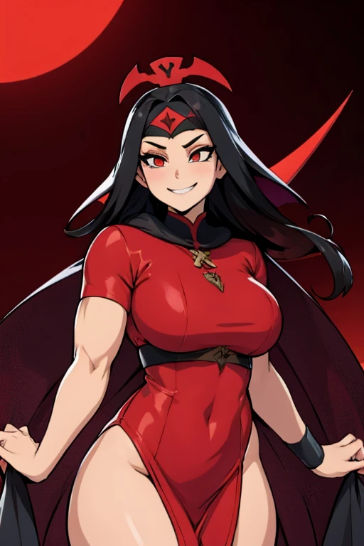 ((1girl)) pale skin large breasts (muscular) toned body thick thighs black hair yellow eyes (long hair) bodybuilder tight red shirt blushing (heart seductive expression) best quality hair flaps perfect anatomy