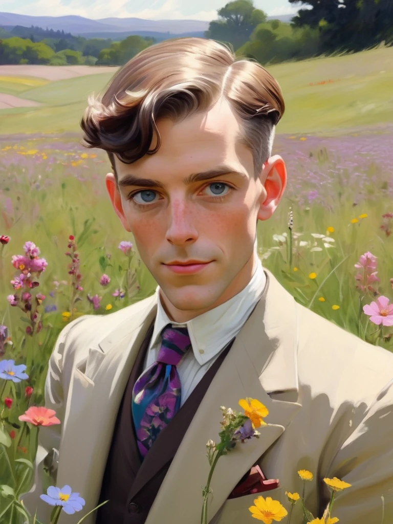 john singer sargent style anime illustration, 1man, bertie wooster, freckles, beautifully detailed eyes, colorful tie, flower in buttonhole, English wildflower field in the background 