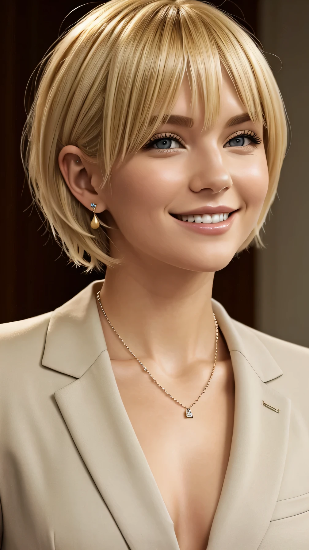 Blonde Caucasian Woman, Short Hairstyles, , smile、ear piercing、necklace、He is wearing a beautiful suit with a classic cut.。., The background is the office
