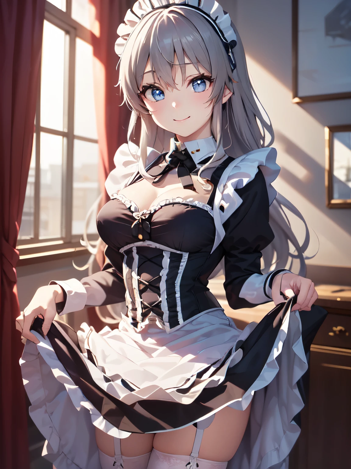 Highest quality、One personの女の子、One person、Tomori Nao、Shooting from the front、indoor、Closed Mouth、smile、Standing、One personの女の子、Tomori、Beautiful silver-white hair、Very attractive, beautiful light blue eyes、(Skirt lift up:1.5)、White maid outfit、(victorian maid outfit:1.5)、Light brown eyes、Beautiful Eyes, Sharp pupils, Sharp focus, (Very detailed, bloom, Shine)、(Genuine、Realistic、Realistic)、High resolution、超High resolution,(View your viewers:1.1), 