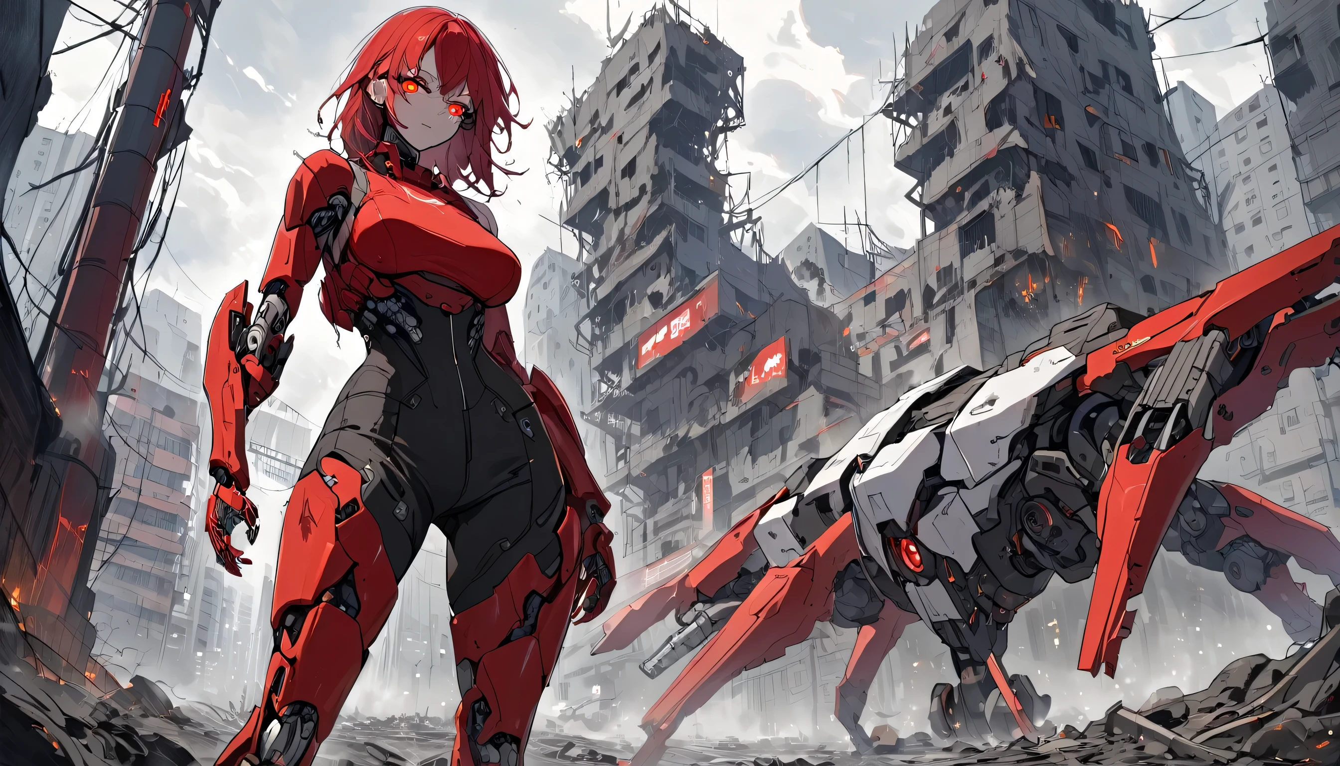 A full-body depiction of a young woman with cybernetic enhancements, featuring machine parts similar to those in the Terminator movie. She stands in a post-apocalyptic setting, surrounded by a ruined cityscape with crumbling buildings and dark, stormy clouds. Her appearance is sexy yet fierce, with a combination of human features and mechanical limbs. The glowing red of her cybernetic eyes contrasts with the desolate atmosphere. The overall scene is gritty, emphasizing the dystopian, harsh world she moves through."