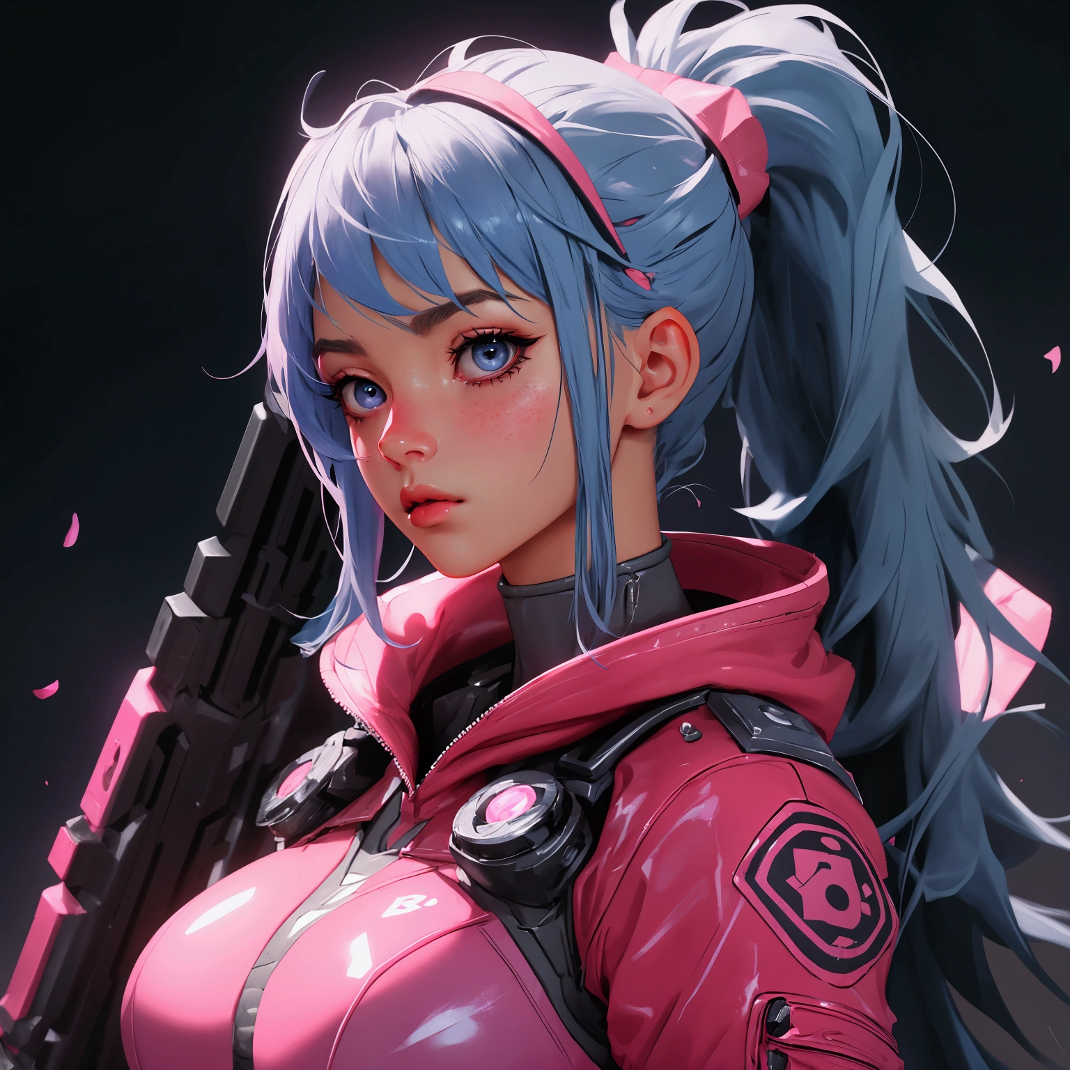 envision a 8k, highres, cinematic, beautiful close up portrait of a woman with blue hair, gray eyes, Riot Gear, Tactical accessories, Pink tight suit, jrpg, in dark lighting, against a dark gray background