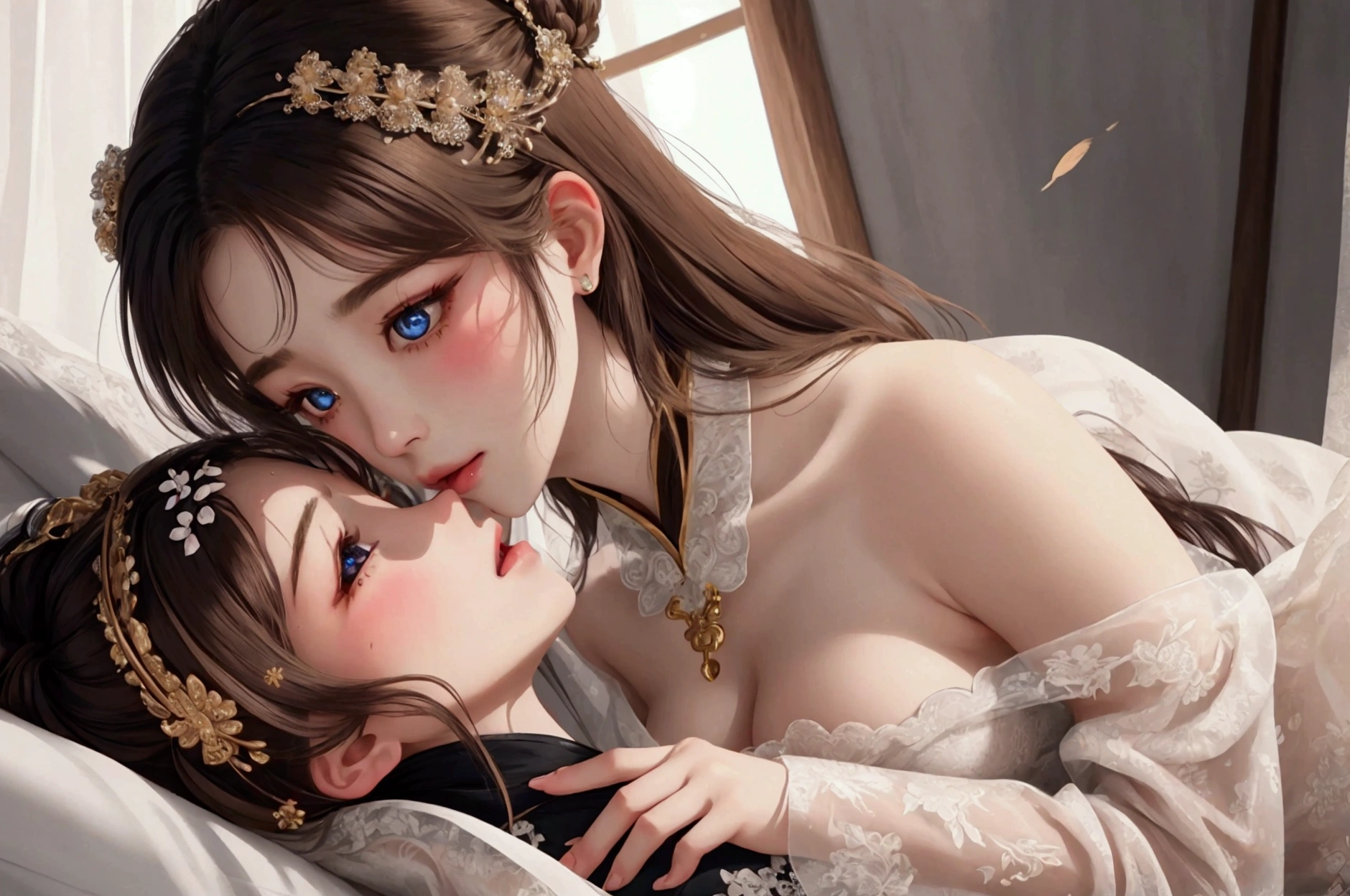 (masterpiece:1.4, Highest quality), (Intricate details), unity 8k wallpaper, Super detailed, beautifully、aesthetic, Perfect lighting,anime, photo shoot,((2girl)),Random Hair、（Blonde、Black Hair、Brown Hair:1.5）,Elegant and noble dresses, Delicate eyes and irises, Exposing shoulders,Cleavage,金のhair ornaments,See-through sexy,Squeezing the udder,Sweat,Passionate kiss,Face in perfect detail, detailed eyes, Very detailed, blush, hair ornaments,