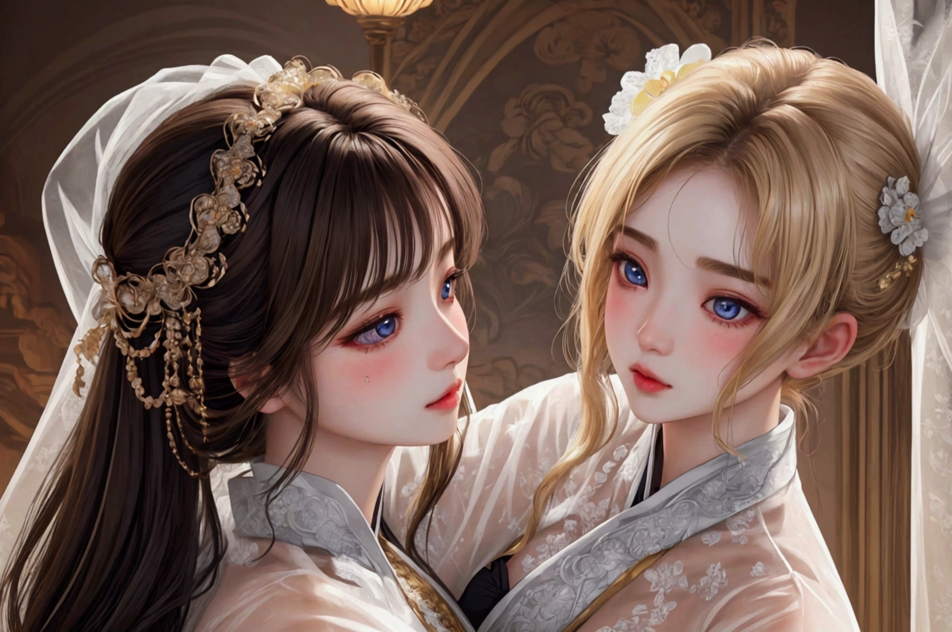 (masterpiece:1.4, Highest quality), (Intricate details), unity 8k wallpaper, Super detailed, beautifully、aesthetic, Perfect lighting,anime, photo shoot,((2girl)),Random Hair、（Blonde、Black Hair、Brown Hair:1.5）,Elegant and noble dresses, Delicate eyes and irises, Exposing shoulders,Cleavage,金のhair ornaments,See-through sexy,Squeezing the udder,Sweat,Passionate kiss,Face in perfect detail, detailed eyes, Very detailed, blush, hair ornaments,