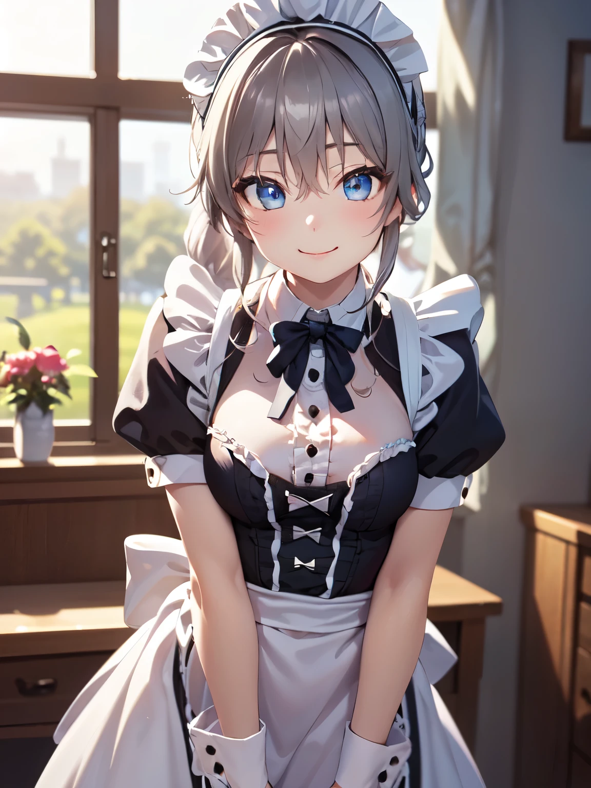 Highest quality、One personの***、One person、Tomori Nao、Shooting from the front、indoor、Closed Mouth、smile、Standing、One personの***、Tomori、Beautiful silver-white hair、Very attractive, beautiful light blue eyes、White maid outfit、(victorian maid outfit:1.5)、Light brown eyes、Beautiful Eyes, Sharp pupils, Sharp focus, (Very detailed, bloom, Shine)、(Genuine、Realistic、Realistic)、High resolution、超High resolution,(View your viewers:1.1), 