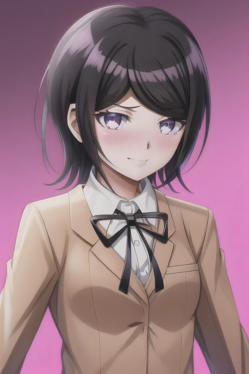 Mukuro Ikusaba. Masterpiece, Best Quality,  1girl, solo, jacket, ribbon, shirt, neck ribbon, upper body, looking at viewer with shy blushing smile, collared shirt, brown jacket, white shirt, black ribbon, breasts, simple background, closed mouth, white background, long sleeves, shiny hair, school uniform, transparent background, medium breasts, shiny. 