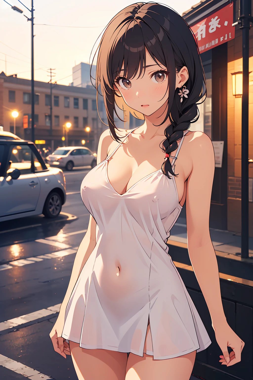 anegasaki nene、Shiny brown hair, Twin tails, (Beautiful brown eyes、Sparkling eyes, Fine grain)、smile、Ultra-detailed eyes、Highly detailed face, Highly detailed eyes,
((Browsing Caution)),Semi-transparent thin camisole dress,(((Anime Style:2,Mature Woman,Shyness,))),Red face,,Shyness,short hair,Downtown street corner at night,passenger,(Areola),Put your arms behind your back,,Expose