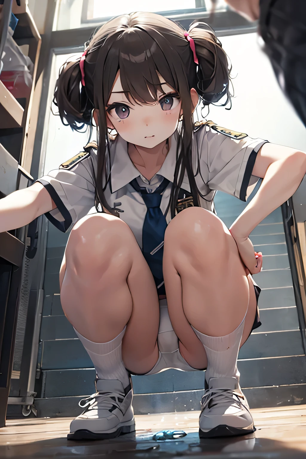 16K、Cute junior high school student showing off her white panties、(From below:1.5)、Squat、Pee leak、Urine leaking、Making a puddle on the marshmallow floor.、A revealing white uniform