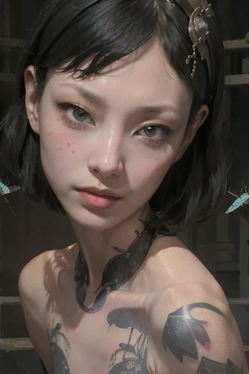  (masterpiece), (High resolution), (Very delicate), Dark atmosphere, Flat Illustration, Creepy Appearance, Characteristic hairstyle, creative accessories, Unique atmosphere、Insect tattoo on chest Queen of the Flies、Short hair with bangs