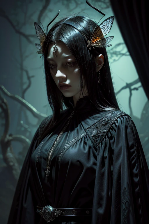 (masterpiece), (High resolution), (Very delicate), Dark atmosphere, Flat Illustration, Creepy Appearance, Characteristic hairstyle, creative accessories, Unique atmosphere、 Queen of Insects
