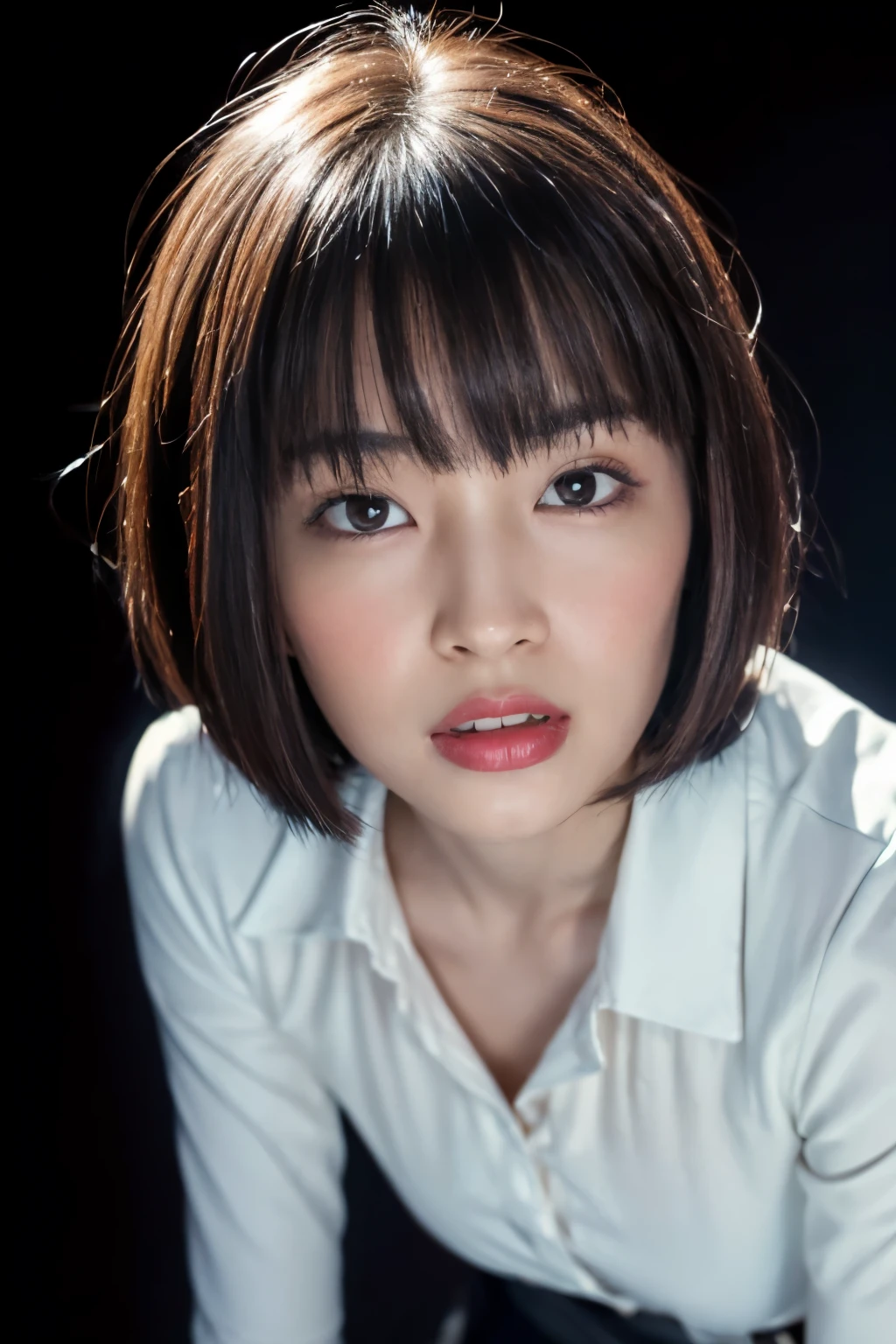 (masterpiece:1.2), (highest quality), (visible all over:1.3) ,(Super detailed), (8k, Complex), (Lens 135mm,F1.8), (realistic)(black background:1.3), portrait photography, side lighting,edge lights up,best shadow,Area light source,perfect anatomy,perfect face shape,perfect for women,finest female body,improves skin texture,fine cloth pattern,Precise beauty,delicate and delicate skin,highly detailed skin,pale skin,delicate hair,glowing skin,Highly detailed face and skin texture, shiny skin, vivid details, 超Realistic, Fine and beautiful skin, 1 female, 30 years old, japanese woman, (thin:Weight 1.0), small breasts:1.3, ((bob hair, short hair, straight hair, bangs:1.3, brown hair)),perverted woman, (office uniform, ofiice suits, white blouse, tight mini skirt, nipple, Erection nipple), (((Cowgirl))), A buttoned-up shirt flaps), necklace, (((frown、open your mouth、narrow your eyes))), (((from below:1.5, looking at the viewer:1.3, close up))), Female dog, NSFW,