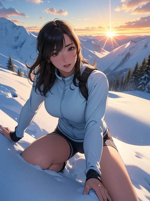 (Highest quality,4K,8k,High resolution,masterpiece:1.2),Very detailed,(Realistic,photoRealistic,photo-Realistic:1.37),Majestic mountain slope at sunset, The graceful figure of a girl climbing a hill, ((Winter outdoor climber style clothing)), A person reaching out to the sunlight shining down from the mountaintop, Beautiful landscape decorated with earthy colors, A hopeful view, Evoke affective emotions in the viewer, Highlight the scenery、Minimize portrait size