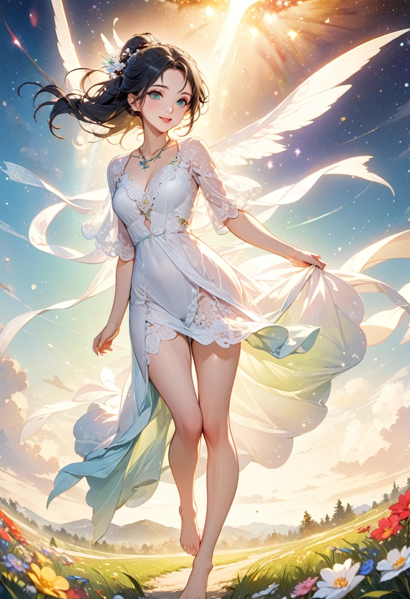 (masterpiece、Highest quality、8k、High resolution)、1 female、Beautiful eyes with slit length、Cute lips、Beautiful Nose、Brownish black hair、smile、(Best anime girl)、Green grassland with forest view、Walking,((Barefoot, off the ground, flying high, high, high, flying and running)),Fantasy art,Colorful flowers blooming in the field,A bright night with the stars clearly visible、milky way、(Mysterious light particles from the whole body、Colorful light particles)、jewelry、necklace、White lace dress、(Beautiful full body style)、Highly detailed anime art、Fantasy art,