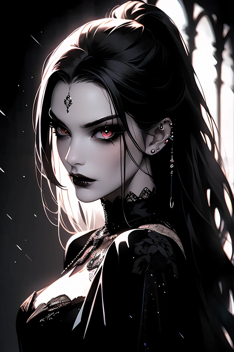 REALISTIC VISION 1.4, BETTER VAE,sharp focus, ultra detail, 32k,realistic photo, intricate details, absurdres, ((stunning female Vampire))), goth Renaissance, (long black hair:1.erfect and detailed angular sharp oval shaped face, ((redeyes)), jewelry, red and black tetradic colors, full lips, black lipstick, gothic castle background, (solo), perfect anatomy, approaching perfection, ethereal, intricate details, ultra-high definition, 12k resolution, goth aesthetic, smooth, sharp focus, dreamy, glowing, backlit, glamour, glimmer, fantastical, shadows, smooth, Gothic crown,