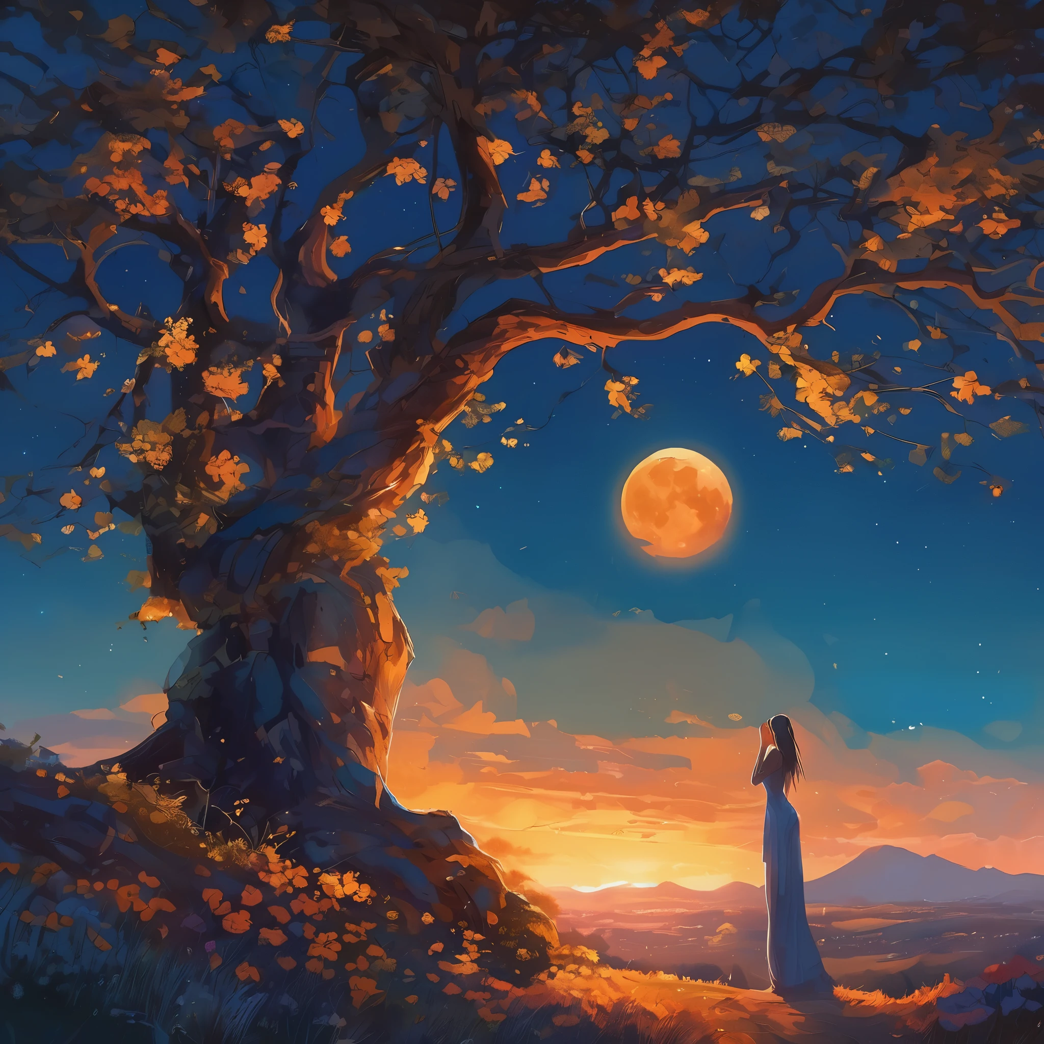 super wide angle,sky,Open fields of Jasmine,(Muscular man with brown hair, muscular blonde naked woman, embraced in the wind, face perfect, showing full body, perfects eyes, perfect fingers),(fullmoon:0.9),(nebula:1.1),distant mountains,tree,(cool light:1.2),very blue and orange,rich in detail,to dream,magie, 8k