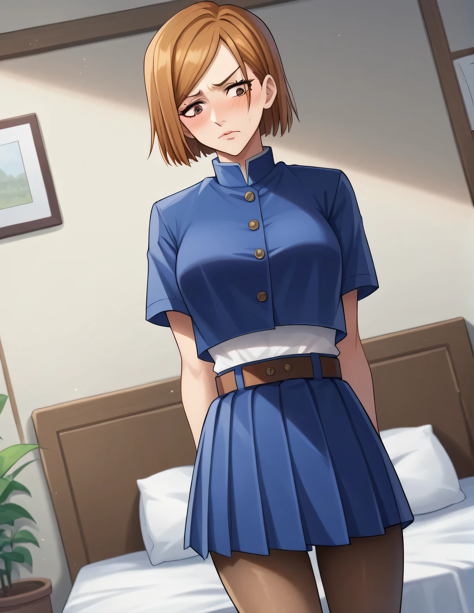 score_9, score_8_superior, score_7_superior, sauce_anime,
nobarakugisaki, Nobara Kugisaki, Bobcut, Brown eyes, Brown Hair, lips, short hair, Embarrassing, blush,
belt, brown belt, brown pantyhose, Crop top, Crop top overhang, Jiu Jitsu Technical Uniform, pantyhose, pleated skirt, Tucked in shirt, skirt, blue skirt, blue Crop top,
indoor, bed, bed room, behind, arm ssuperiorport, arms superior, The hug is coming, throw, arrive, arrive towards viewer,
View your viewers, Cowboy Shot, Dutch Angle,High resolution,solo, Focus: 85mm, Aperture F2.8, 