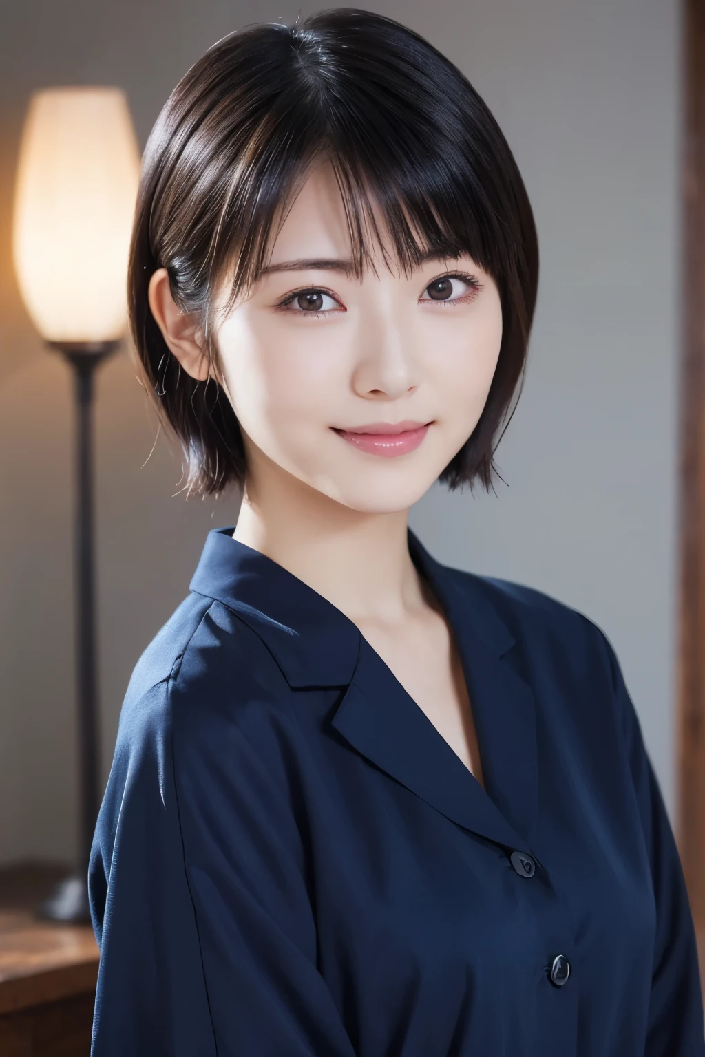 (Super beautiful girl:1.2), A neat and clean woman, masterpiece, Highest quality, Great Skin, Delicate face, A cool smile, Young Face, Clean look, Twinkle Eyes, double eyelid, Ample breasts、 ((High resolution)), ((Highly detailed CG Unity 8k wallpaper)), short hair, bangs, Elegant rounded bob, Face is angled and looking straight ahead、 Portrait of a woman in light blue clothes, captivating and mesmerizing, Dimly lit room, sentimental、