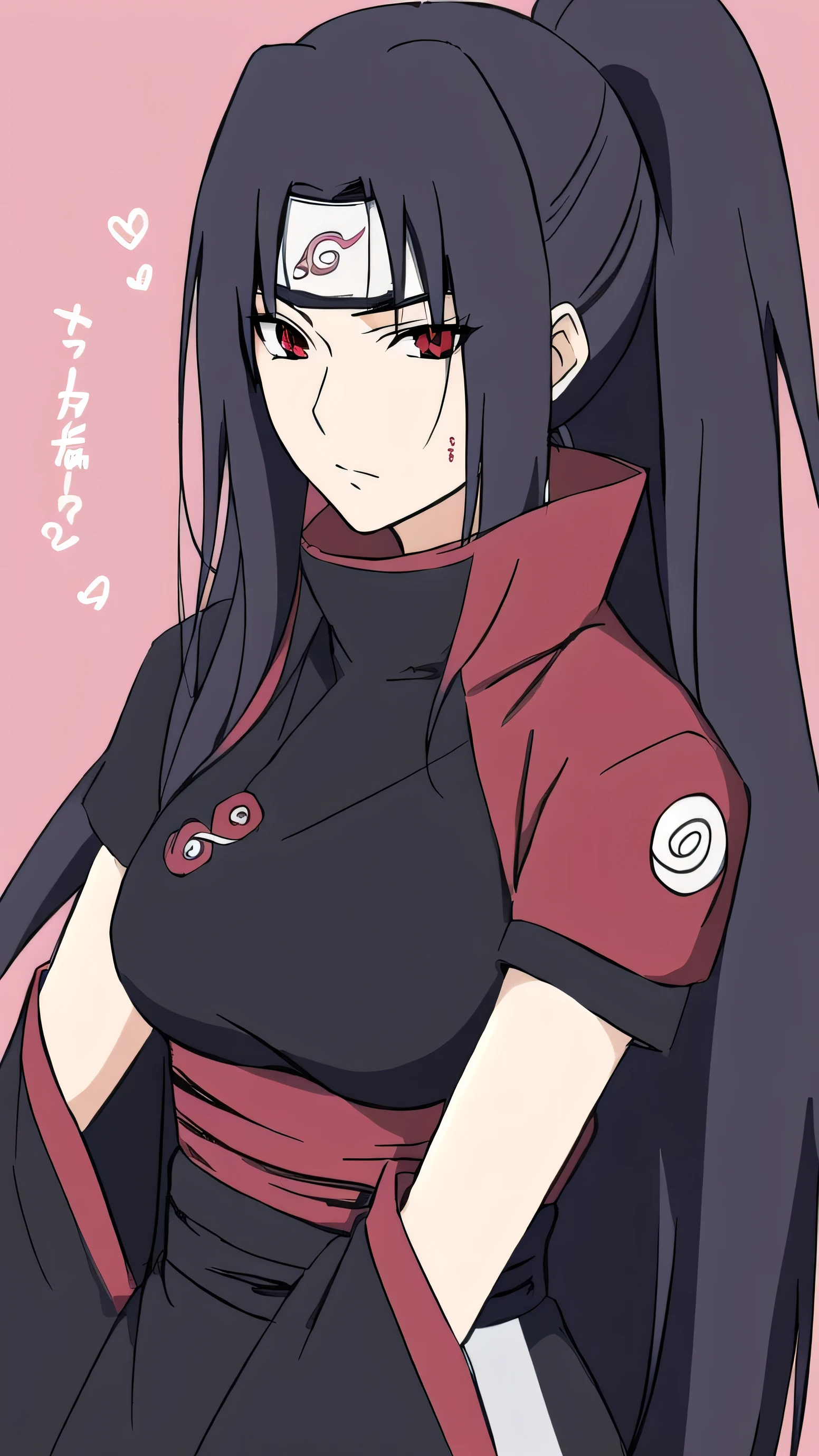 anime characters of a woman with black hair and a black top, from naruto, not anime style, Uchiha from naruto, in anime style, not anime style japonês, cel - shaded art style, anime style character, very anime style, sasuke uchiha, anime style, Naruto art style, anime cgi style, anime set style, breasts big, itachi uchiha, madara uchiha