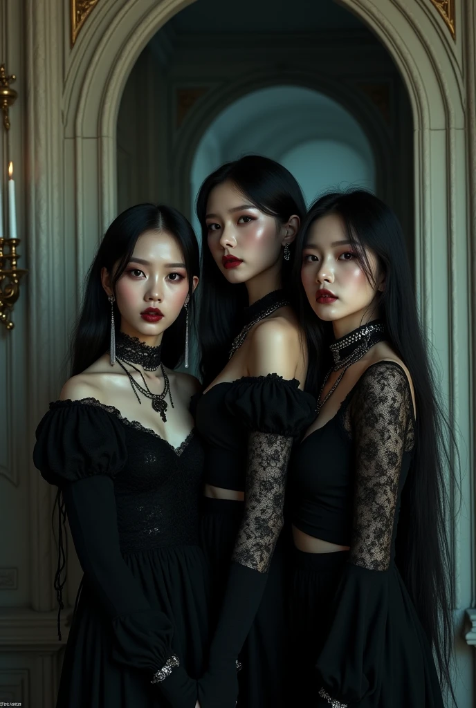 Dynamic Snapshot, ((3 women)), A picture of 2 beautiful succubus dominating 1 sexual a nun on a leash, ((2 demon females and a a nun)), female dominance, unprotected, a nun, demons, beautiful succubi, horror, dark, sexual, rough dominance, dominance, a nun on a leash, bdsm, Gold Chains,(golden leash), collar, Beautiful bodies, slim, horror style, Very Detailed Faces, Stockings, (silk lingerie, Stockings), leather skinny boots, Sharp camera angle , Close-up, blue background