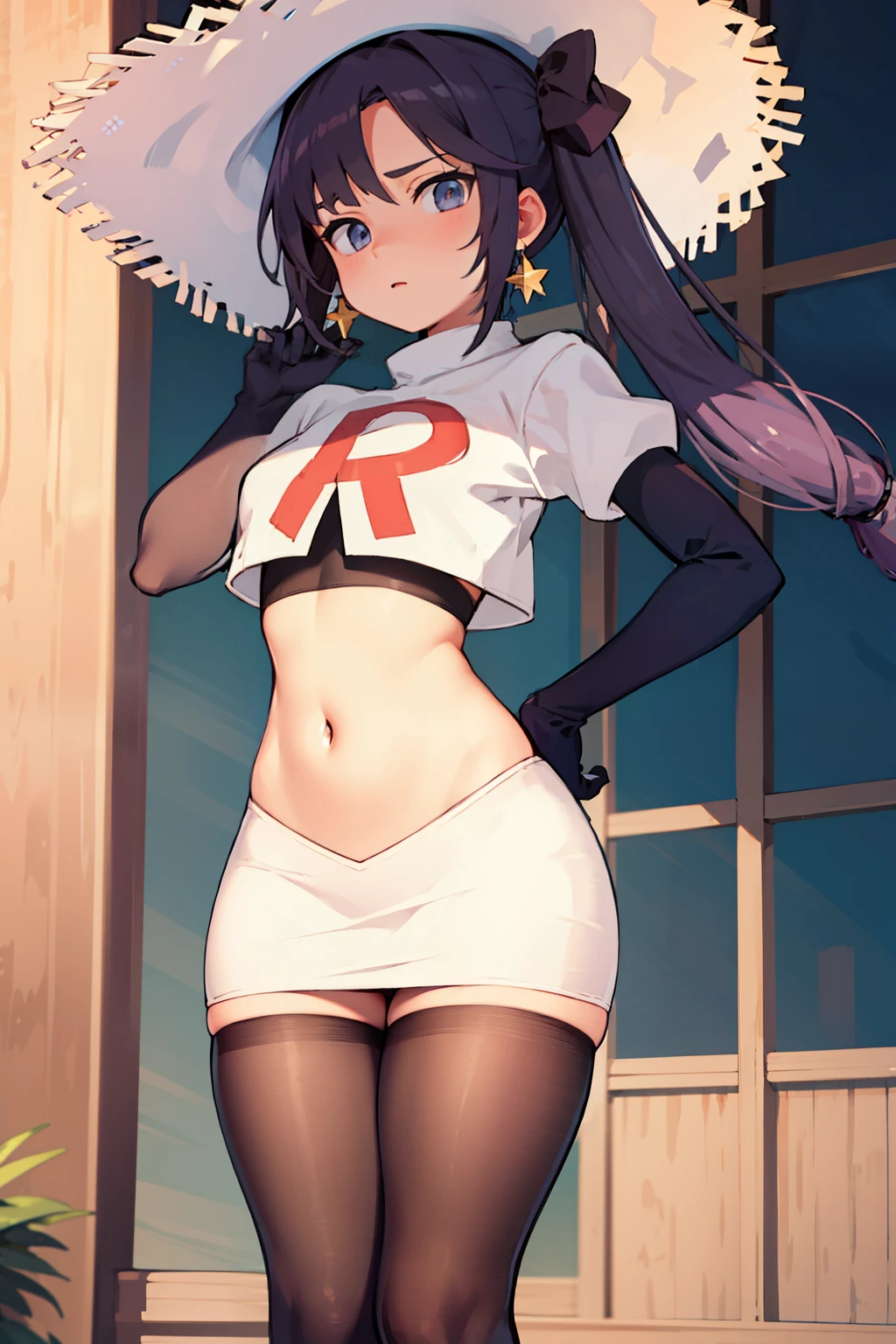 ((masterpiece,best quality)), team rocket,team rocket uniform,white skirt,red letter R,crop top,black thigh-highs,black elbow gloves, purple_hair, zettai ryouiki, aamona, long hair, twintails, star_earrings,hair ornament, hat, jewelry, star_\(symbol\), witch_hat, earrings, purple headwear, cowboy shot,