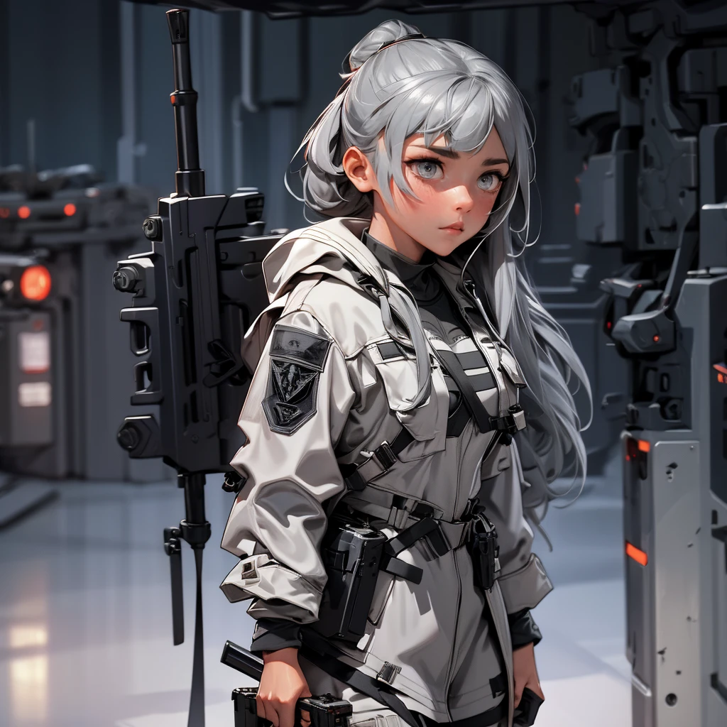 envision a 8k, highres, cinematic, beautiful full body concept art design sheet of a woman with Gray hair, gray eyes, Military Gear, Tactical accessories, in dark lighting, against a dark gray background