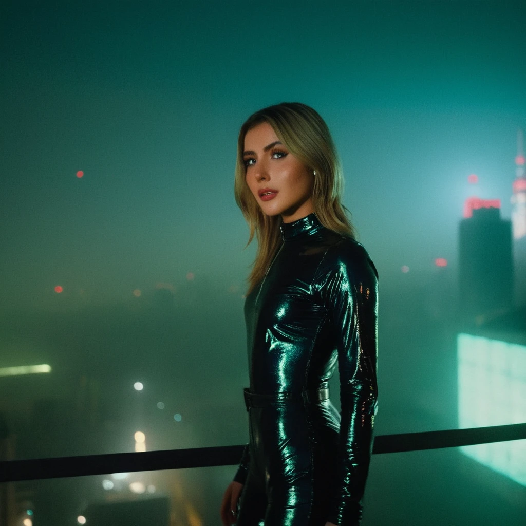 On the rooftop of a building in blade runner movie scene. At night, (rainy night).
BREAK
an ultra hot gorgeous European woman, age 23, green eyes, blonde straight hair, her name is Elena Alfa. She wears (shiny black glitter jumpsuit). She&#39;s a vigilante, one knee on the floor, in action pose, leaning forward, looking for crime in the city below. 
BREAK
Flying vehicles in the sky
BREAK
dslr, high quality, film grain, Fujifilm XT3,(masterpiece) (best quality) (detailed) (dramatic cinematic lighting) (sharp focus) (intricate) backlight, movie scene.