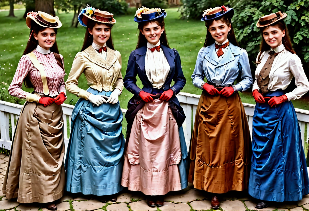 A group of  girls, ages 13ing with old perverts in the 1890s. Victorian setting. 1890_dr3ss. Year 1898. Colorful high-collar long sleeve shirtwaists, long skirts, elegant hats, gloves, petticoats, silk stockings and boots.