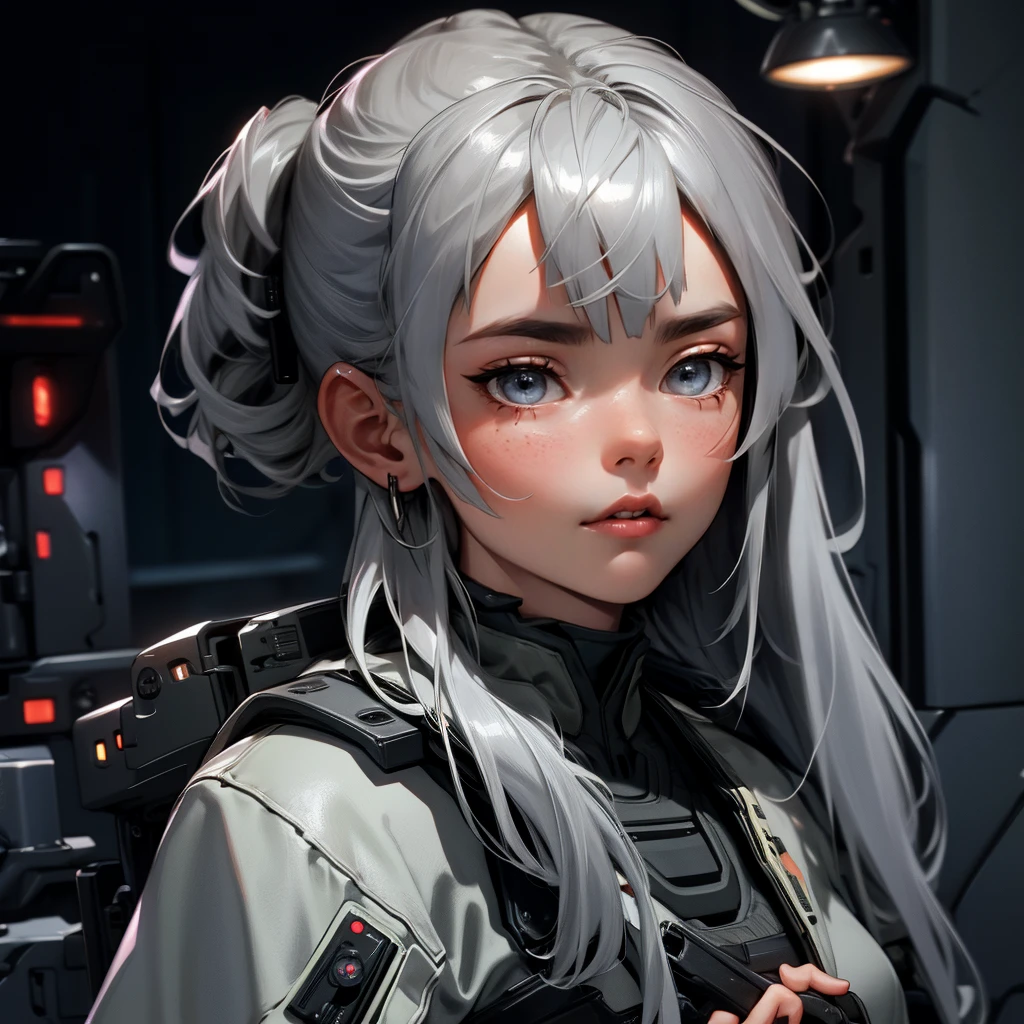 envision a 8k, highres, cinematic, beautiful close up portrait of a woman with Gray hair, gray eyes, Military Gear, Tactical accessories, in dark lighting, against a dark gray background