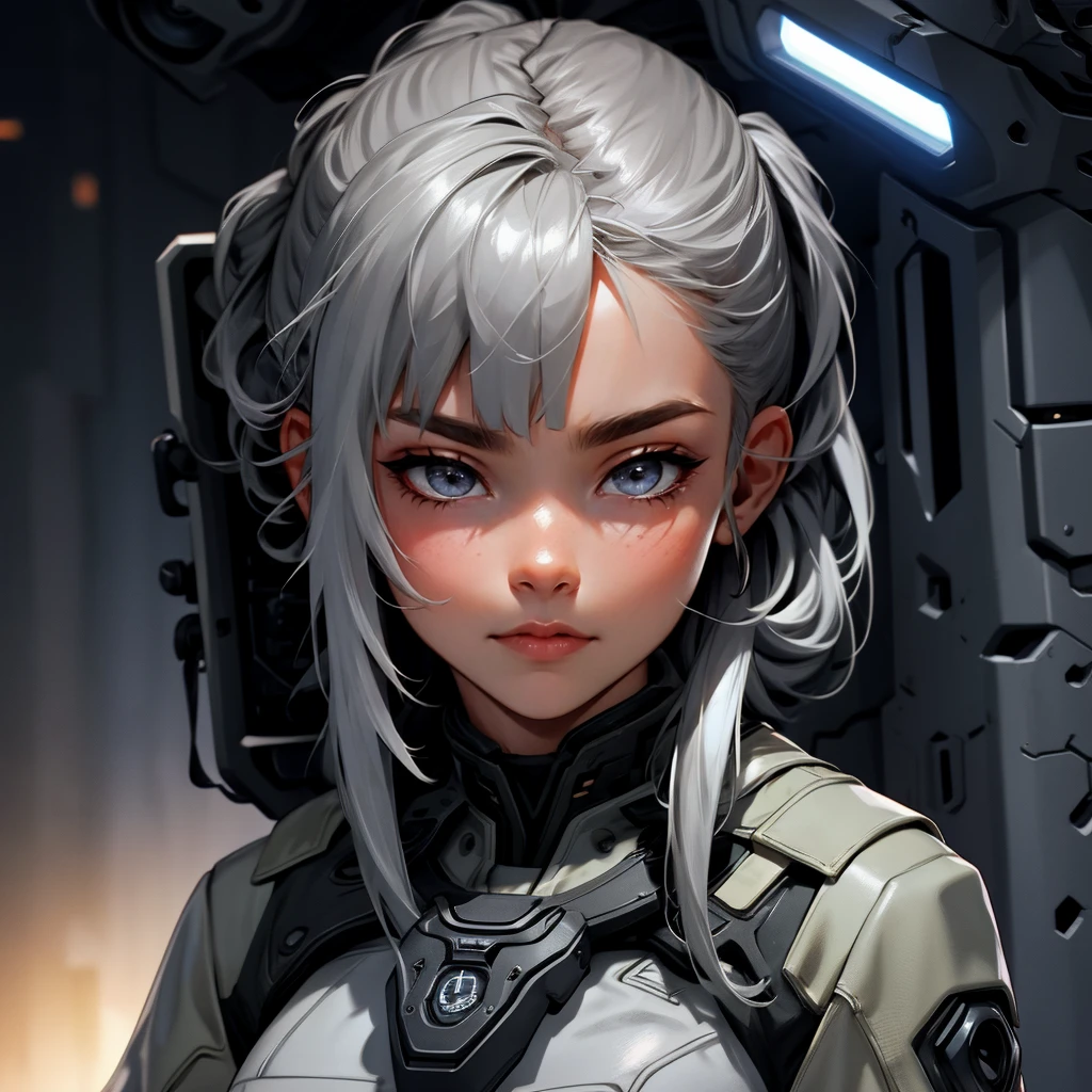 envision a 8k, highres, cinematic, beautiful close up portrait of a woman with Gray hair, gray eyes, Military Gear, Tactical accessories, in dark lighting, against a dark gray background