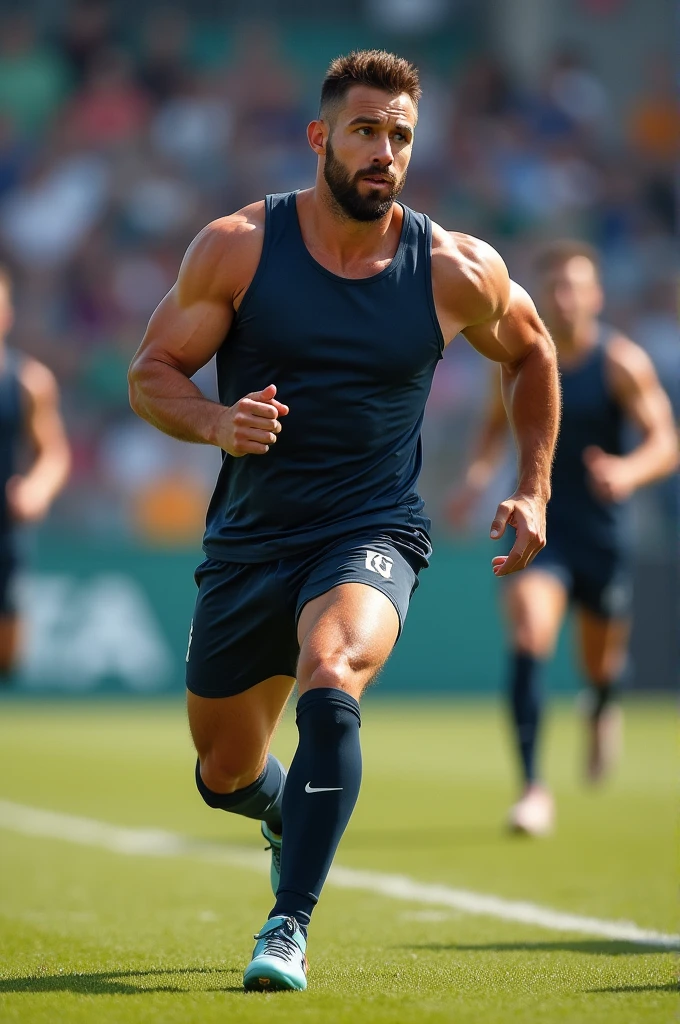 photo of a man, participating in the olympic games, action shot, sweaty, exhausted, muscular, spot light, realistic, best quality, detailed background, depth of field, intricate details