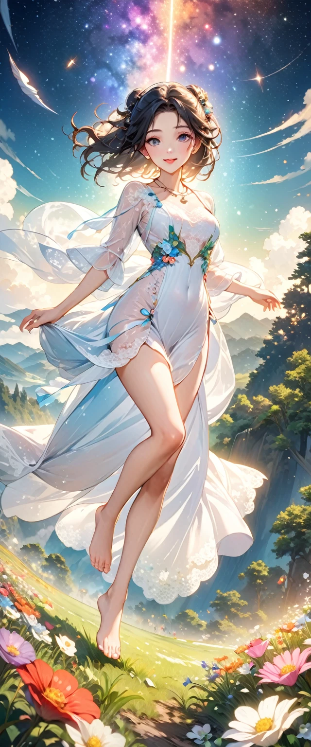 (masterpiece、Highest quality、8k、High resolution)、1 female、Beautiful eyes with slit length、Cute lips、Beautiful Nose、Brownish black hair、smile、(Best anime girl)、Green grassland with forest view、Walking,((Barefoot, off the ground, flying high, high, high, flying and running)),Fantasy art,Colorful flowers blooming in the field,A bright night with the stars clearly visible、milky way、(Mysterious light particles from the whole body、Colorful light particles)、jewelry、necklace、White lace dress、(Beautiful full body style)、Highly detailed anime art、Fantasy art,