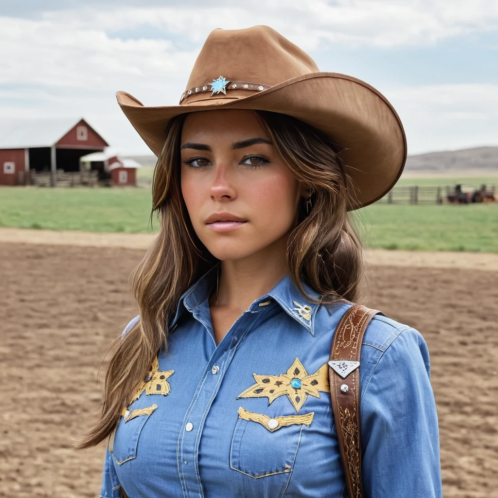 Close-up hyperrealistic art photo of m4d1s0n a woman, wearing a cowboy outfit, on a farm, looking directly at the viewer, from front view,  . Extremely high resolution details, photographic, realism taken to the extreme, fine texture, stunningly lifelike