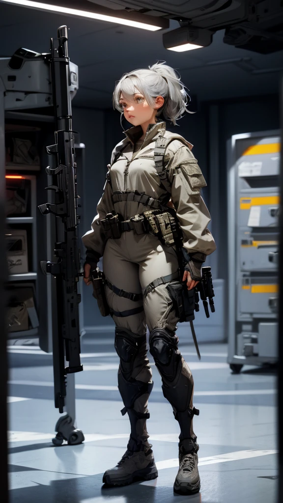 envision a 8k, highres, cinematic, beautiful full body concept art design sheet of a woman with Gray hair, gray eyes, Military Gear, Tactical accessories, in dark lighting, against a dark gray background