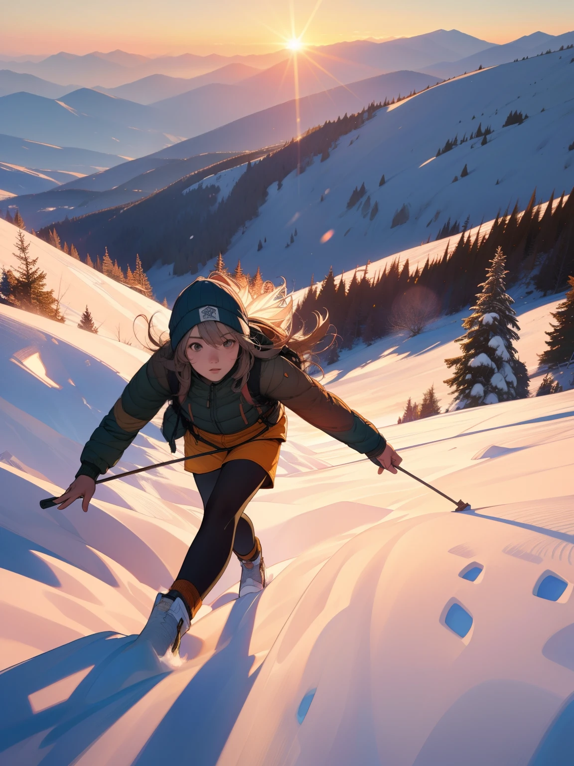 (Highest quality,4K,8k,High resolution,masterpiece:1.2),Very detailed,(Realistic,photoRealistic,photo-Realistic:1.37),Majestic mountain slope at sunset, The graceful figure of a girl climbing a hill, ((Winter outdoor climber style clothing)), A person reaching out to the sunlight shining down from the mountaintop, Beautiful landscape decorated with earthy colors, A hopeful view, Evoke affective emotions in the viewer, Highlight the scenery、Minimize portrait size