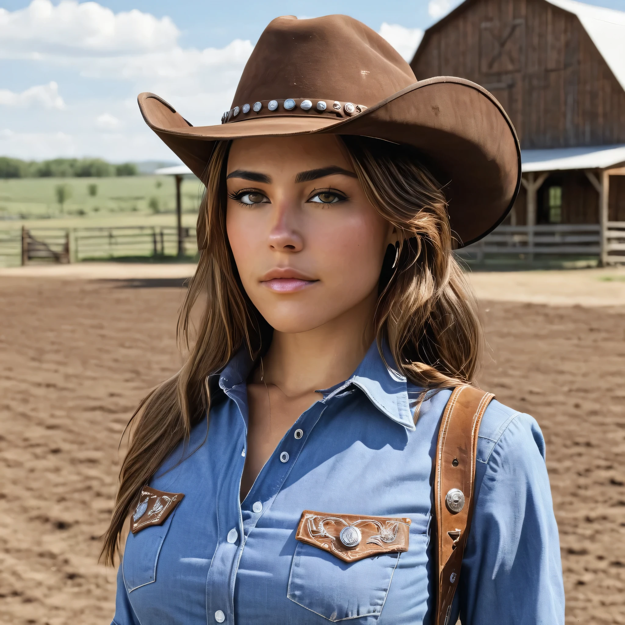 Close-up hyperrealistic art photo of m4d1s0n a woman, wearing a cowboy outfit, on a farm, looking directly at the viewer, from front view,  . Extremely high resolution details, photographic, realism taken to the extreme, fine texture, stunningly lifelike