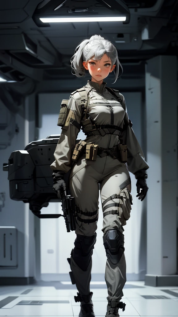 envision a 8k, highres, cinematic, beautiful full body concept art design sheet of a woman with Gray hair, gray eyes, Military Gear, Tactical accessories, in dark lighting, against a dark gray background