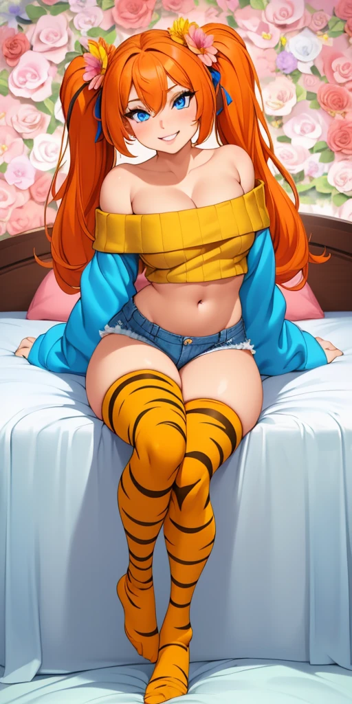 ((Masterpiece, flowers background, beautiful romantic room:1,2, masterpiece)) full body standing yellow tiger print stockings, denim shorts, red off-shoulder sweater, navel (Karane) (blue eyes:1.5) orange hair, hair between eyes, long hair twintails, sitting on the bed, cute smile