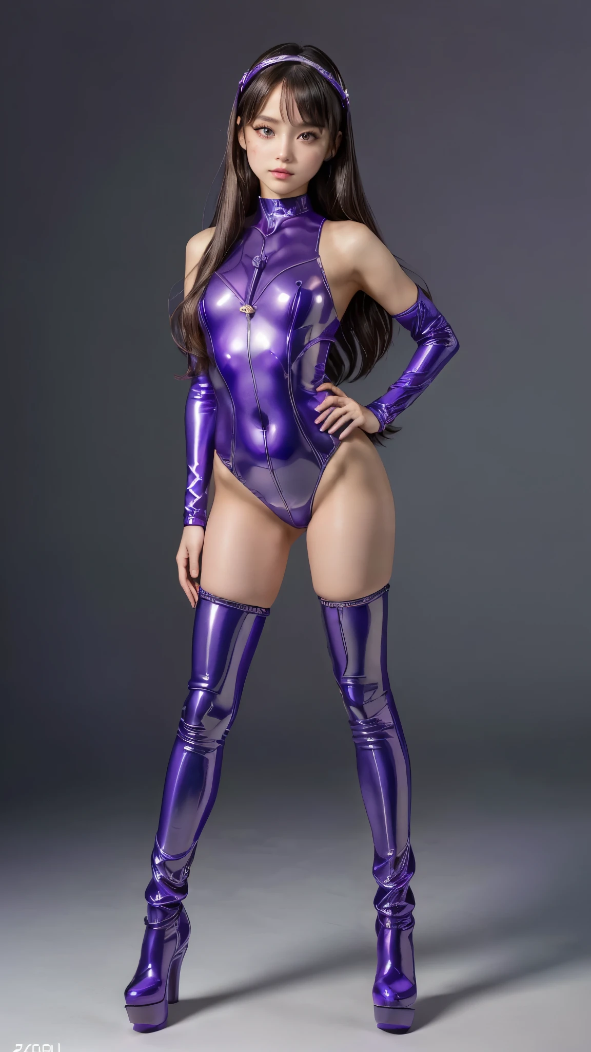 arafed girl in a shiny purple bodysuit and high heel boots, posing as a jojo character, wearing atsuko kudo latex outfit, latex shiny, purple body, amouranth as a super villain, zero suit samus, in a space cadet outfit, full body photoshoot, star guardian inspired, posing in leotard and tiara, (1 0 years old), (tan, petite,  chibi, sd character:1.1),  (full body:1.8), (upper body up:0.3), (hyper realistic:1.4), (realistic:1.3), (best quality real texture skin), Detailed eyes, detailed face, PERSEPHONE, (SFW:1.5)