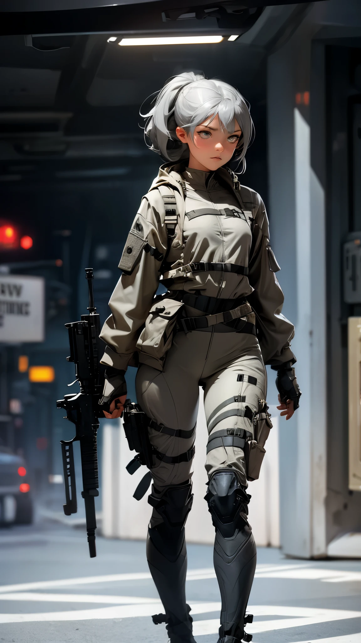 envision a 8k, highres, cinematic, beautiful full body concept art design sheet of a woman with Gray hair, gray eyes, Military Gear, Tactical accessories, in dark lighting, against a dark gray background