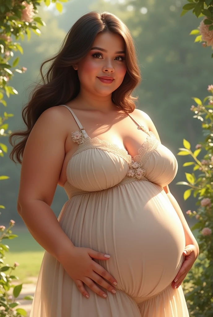 face mix of Salman khan and Shahrukh Khan, as a 25 years old Russian woman and 9 months pregnant woman, wearing skirts, wearing Western outfit, cleavage , big breast, plus size model, beautiful face, long brown hair, confident princess look from Kamasutra, sexy curve, sexy look, sexy dress,full body picture