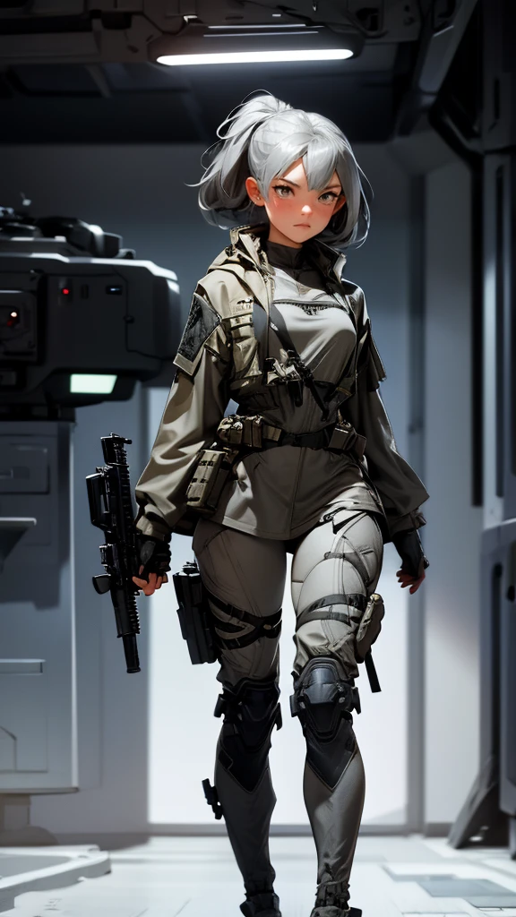 envision a 8k, highres, cinematic, beautiful full body concept art design sheet of a woman with Gray hair, gray eyes, Military Gear, Tactical accessories, in dark lighting, against a dark gray background