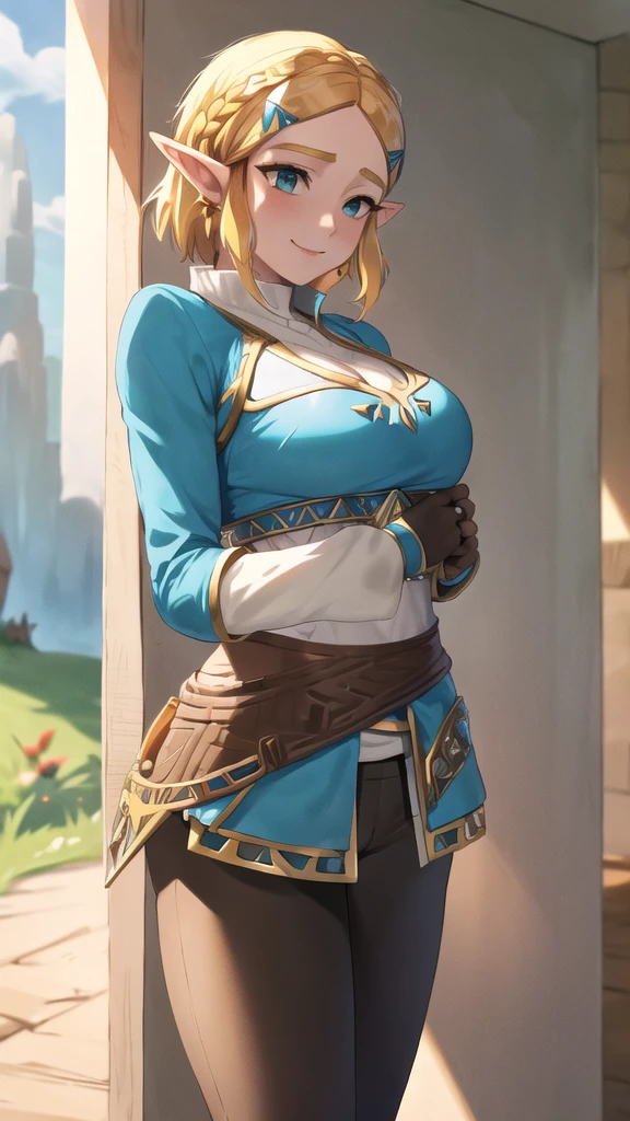 (best quality), (masterpiece), 1 girl, early 20's, huge heavy breasts, busty, massive breasts, thick, thick lips, wide hips, thin waist, pricess zelda, nintendo, the legend of zelda, botw, totk, short hair, capelet