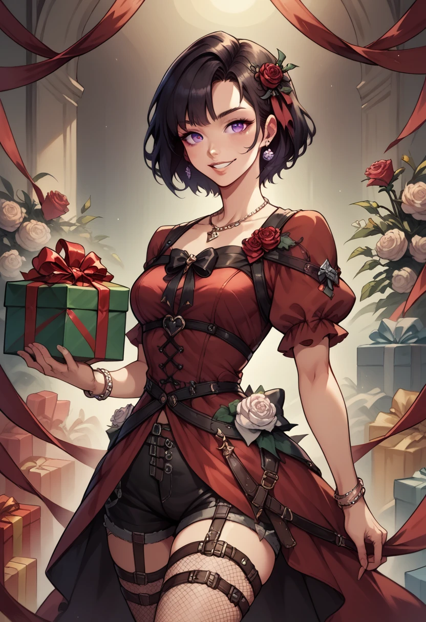 1girl, bangs, black hair, bow, box, bracelet, cowboy shot, dress, earrings, fishnets, flower, gift, gift box, hair ornament, hamel, jewelry, looking at viewer, necklace, pantyhose shorts, parted lips, purple eyes, red dress, ribbon, rose, short hair, smile, solo, thighhighs, holsters, belts,