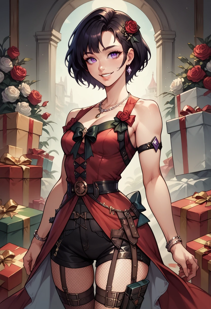 1girl, bangs, black hair, bow, box, bracelet, cowboy shot, dress, earrings, fishnets, flower, gift, gift box, hair ornament, hamel, jewelry, looking at viewer, necklace, pantyhose shorts, parted lips, purple eyes, red dress, ribbon, rose, short hair, smile, solo, thighhighs, holsters, belts,