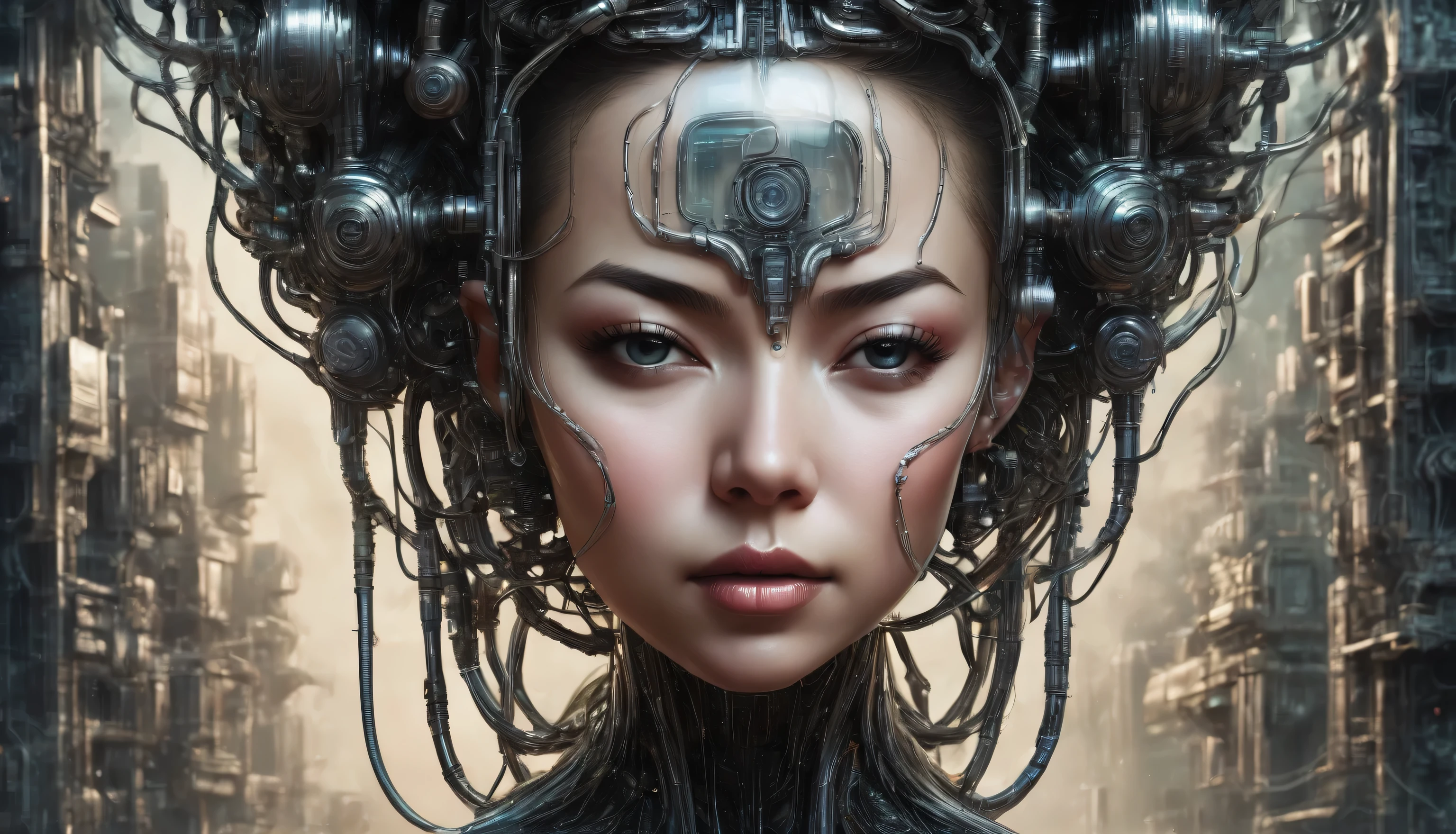 (masterpiece), (great), (Extremely fine), Wallpaper, Giger, ULTRA DEFINED, ultra realistic, transparent, portrait, intricate biomechanical details, shout, glass, neon, Water, tubes and cables running throughout, circuitos transparents, all full of cables and circuits with viscous fluid, expressive asian female face in detailed foreground connected to background by tubes and wires, Goddess, very feminine and sensual, expressive screaming excitedly towards the spectator, darkness, meat and fluids, rostro transparent, grotesque, sexual