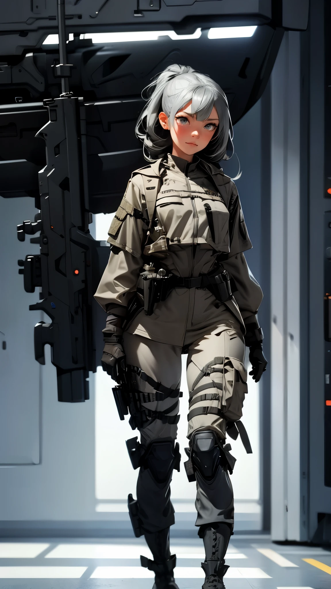 envision a 8k, highres, cinematic, beautiful full body concept art design sheet of a woman with Gray hair, gray eyes, Military Gear, Tactical accessories, in dark lighting, against a dark gray background