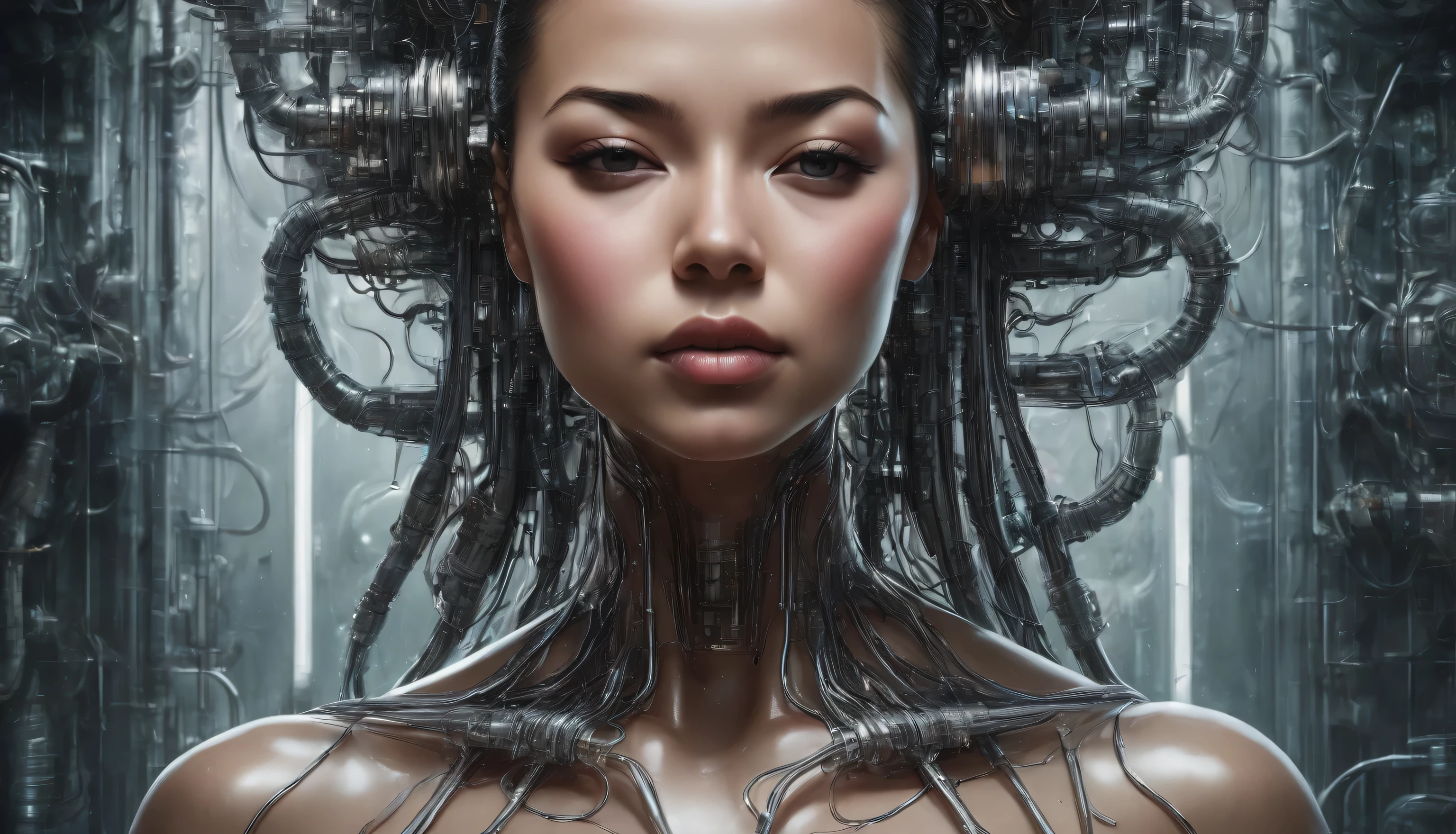 (masterpiece), (great), (Extremely fine), Wallpaper, Giger, ULTRA DEFINED, ultra realistic, transparent, portrait, intricate biomechanical details, shout, glass, neon, Water, tubes and cables running throughout, circuitos transparents, all full of cables and circuits with viscous fluid, expressive asian female face in detailed foreground connected to background by tubes and wires, Goddess, very feminine and sensual, expressive screaming excitedly towards the spectator, darkness, meat and fluids, rostro transparent, grotesque, sexual