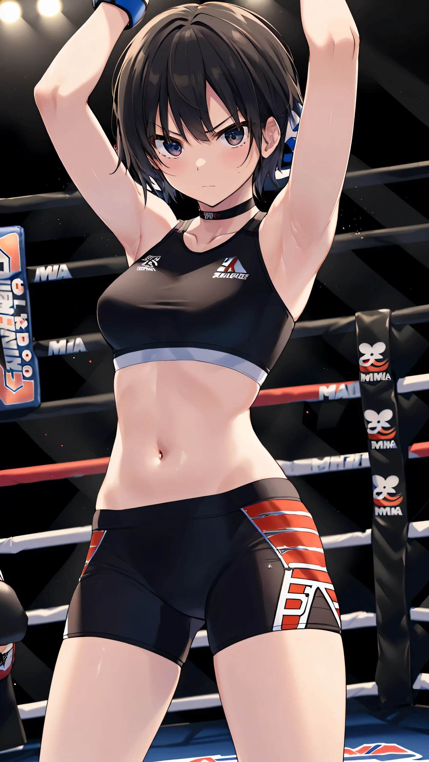 nanasaki, nanasaki ai, ai nanasaki, ((top-quality,8K,Masterpiece)), Upper body shot, Toned stomach, (on MMA Arena :1.5), (wearing MMA uniform:1.5, tight fit clothes), thigh, belly button, glaring, Fighter, Sharp focus: 1.2, Highly detailed face, Highly detailed eye, Professional Lighting,Dynamic angle,