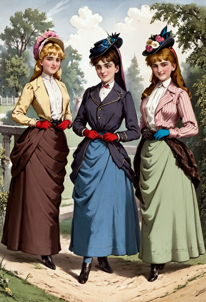 A group of teenage girls, blondes, brunettes and redheads, ages 13 to 15, flirting with old perverts in the 1890s, (((showing some leg))). Victorian setting. 1890_dr3ss. Year 1898. Colorful high-collar long sleeve shirtwaists, long skirts, elegant hats, gloves, petticoats, silk stockings and boots.