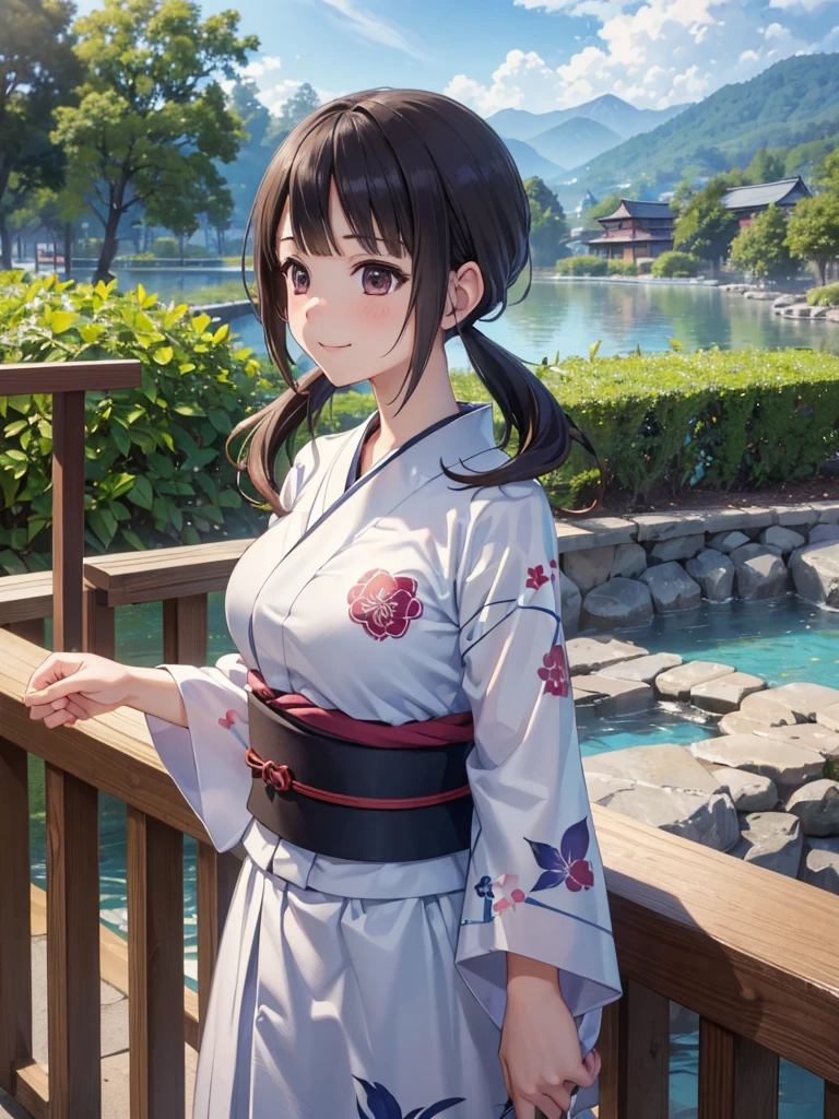 (16K,Ultra-high resolution,Highest quality,masterpiece,Super detailed,Attention to detail,Very vivid CG),okitasawa, low twintails,Highly detailed facial features, Beautiful and perfect face, Perfect Eyes,Anatomically correct body,Hot Spring Town,Dating with viewers,profile,Smiling at the audience,yukata